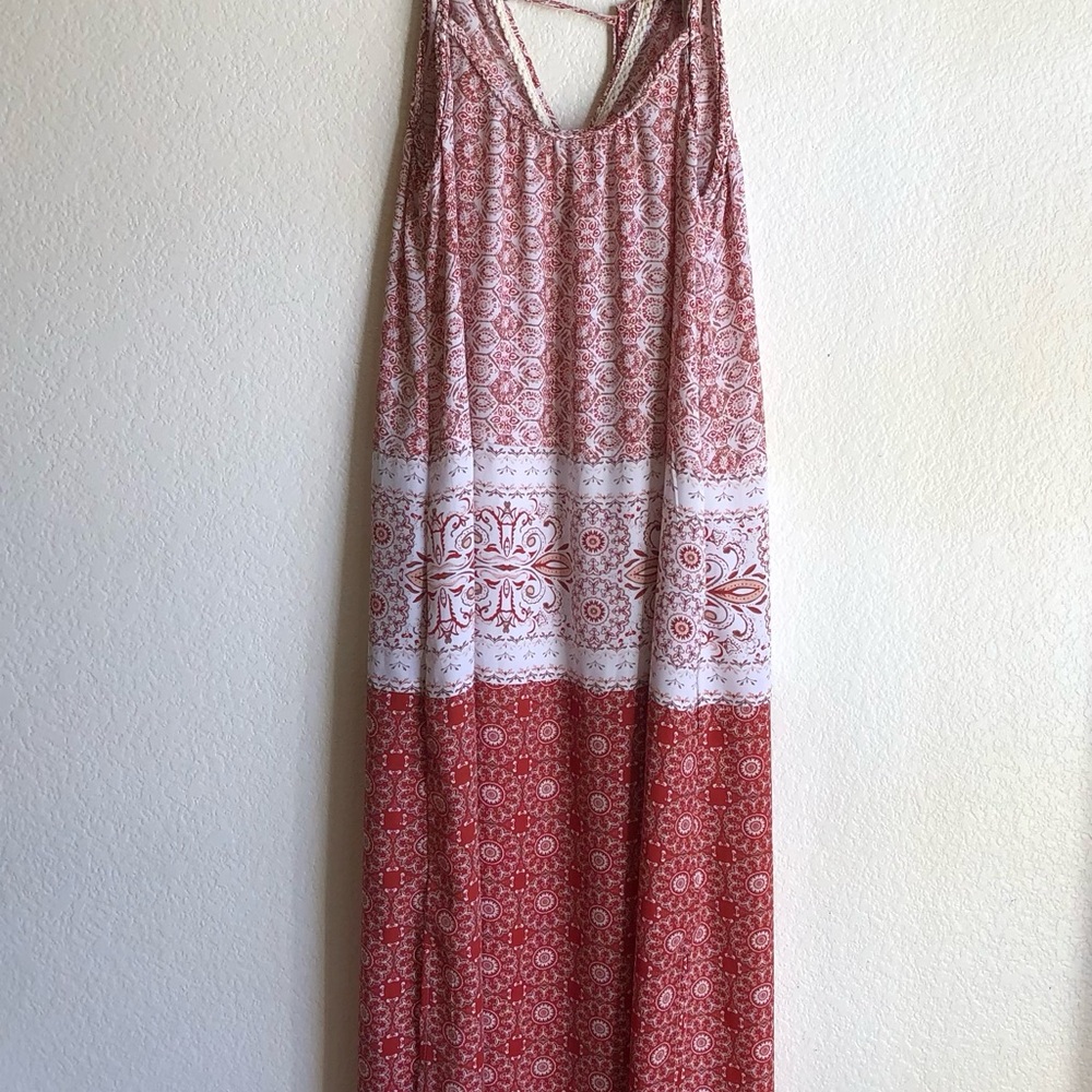 Red White Patterned Maxi Dress boho sleeveless drawstring oversized small